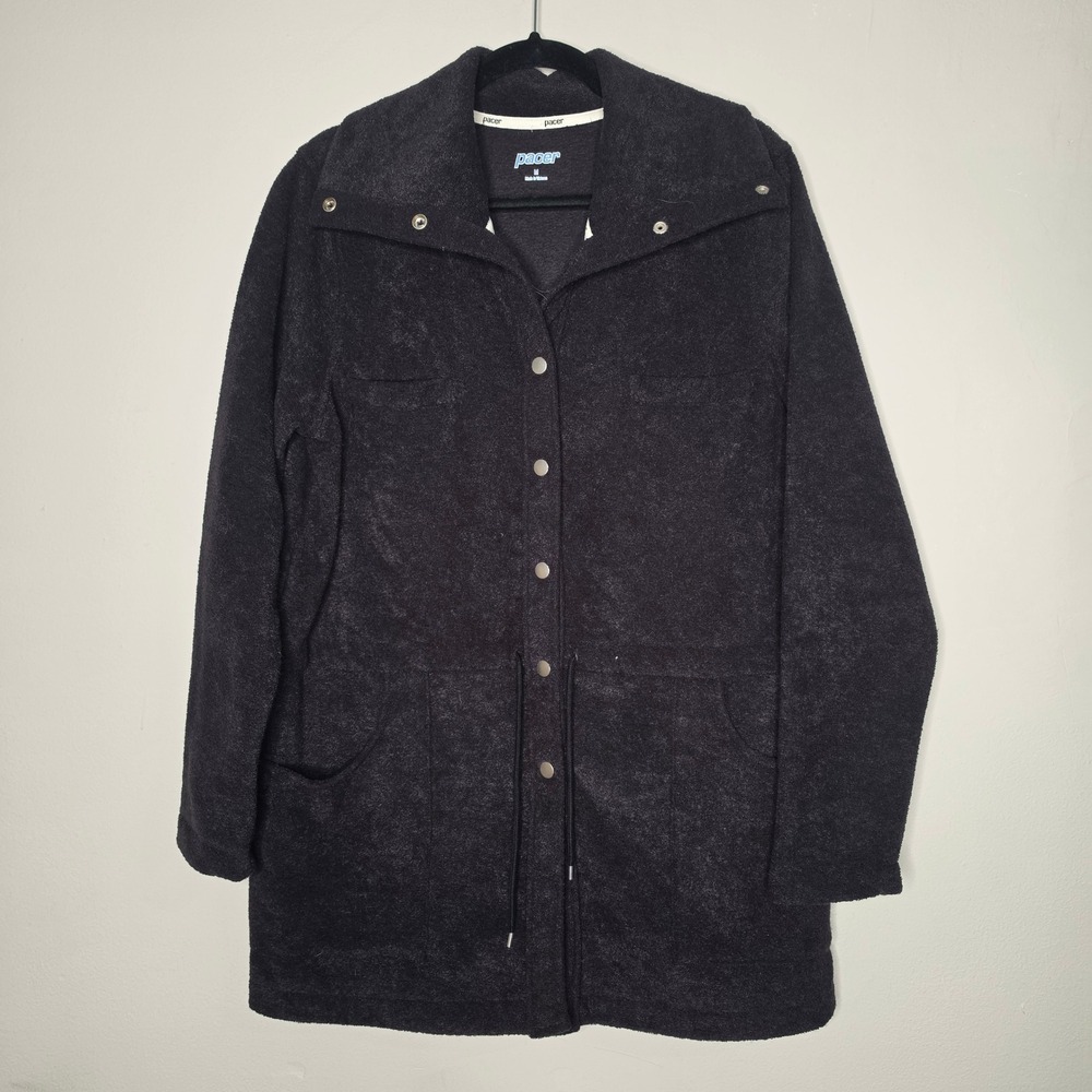 Pacer Jacket Women M Black Fleece Longline Button Front Drawstring Waist Coat